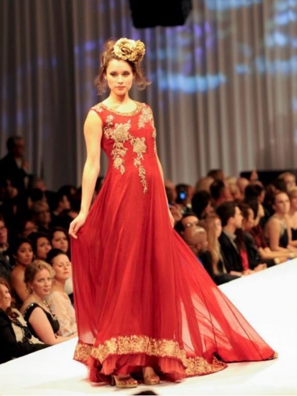 Atelier Azza Red Maxi Dress with Gold Embroidered Detail and Train